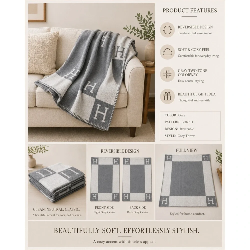 Letter H Throw Blanket 52x69 Gray Reversible Cozy Home Decor NWOT